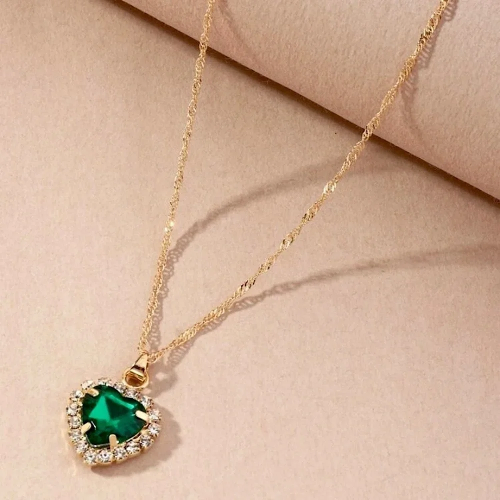 Rhinestone Green Heart Charm Necklace - Picture 2 of 4